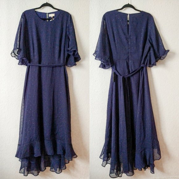 Nordstrom Dresses & Skirts - Melloday Womens Navy Chiffon Bell Sleeve Ruffle High Low Midi Dress Size 2X